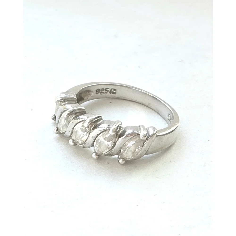Vintage Sterling Silver 925 Marquise Cubic Zirconia CZ Five Stone Ring Size 7